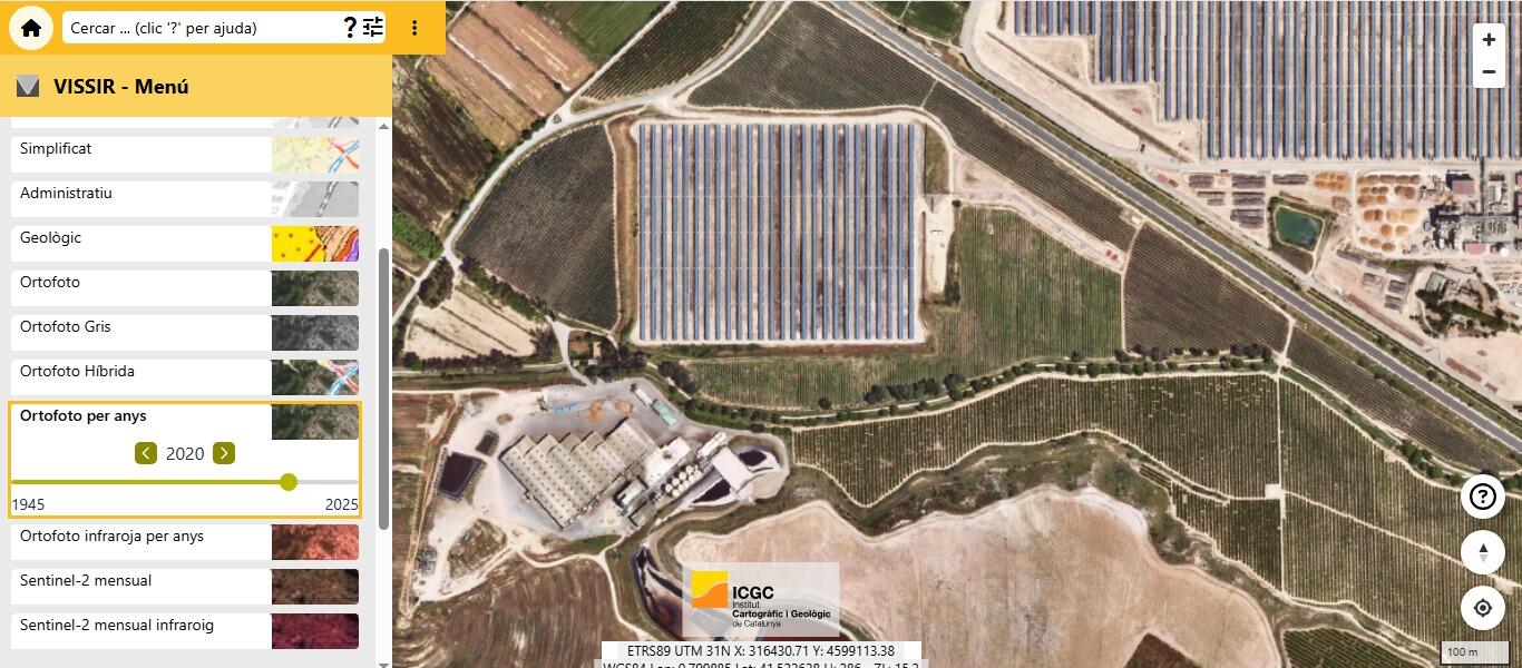 2020 (ICGC) — l'ocupació fotovoltaica i industrial s'estén fins a les finques limítrofes; l'arbrat del tram industrial pràcticament ha desaparegut.