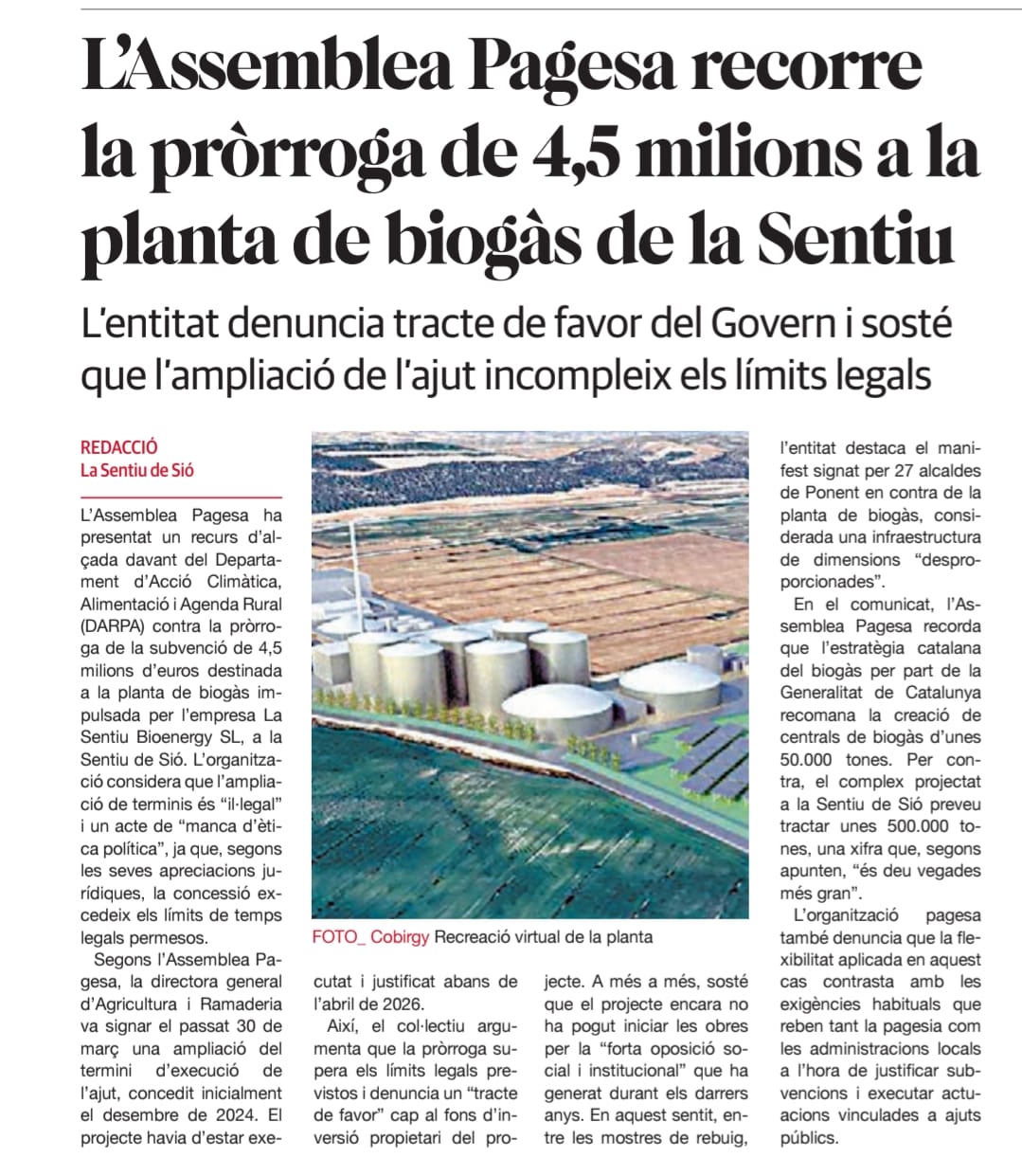 L'Assemblea Pagesa recorre la pròrroga de 4,5 milions a la planta de biogàs de la Sentiu