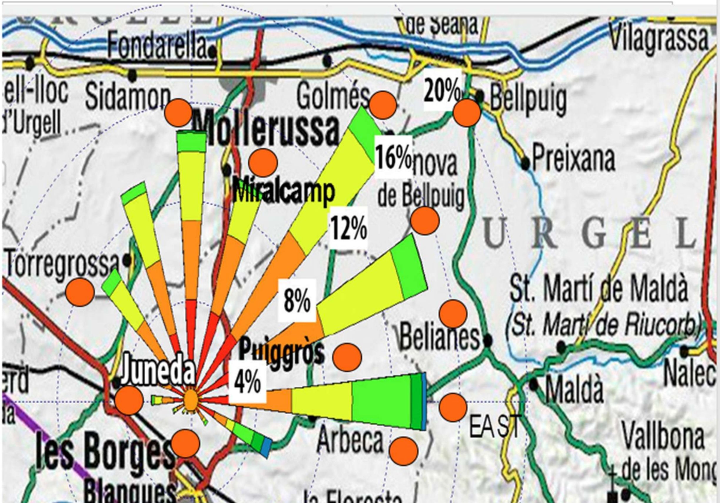 Mapa de la rosa dels vents i pobles afectats segons l'estudi TEMA — Puiggròs com a punt de major impacte.